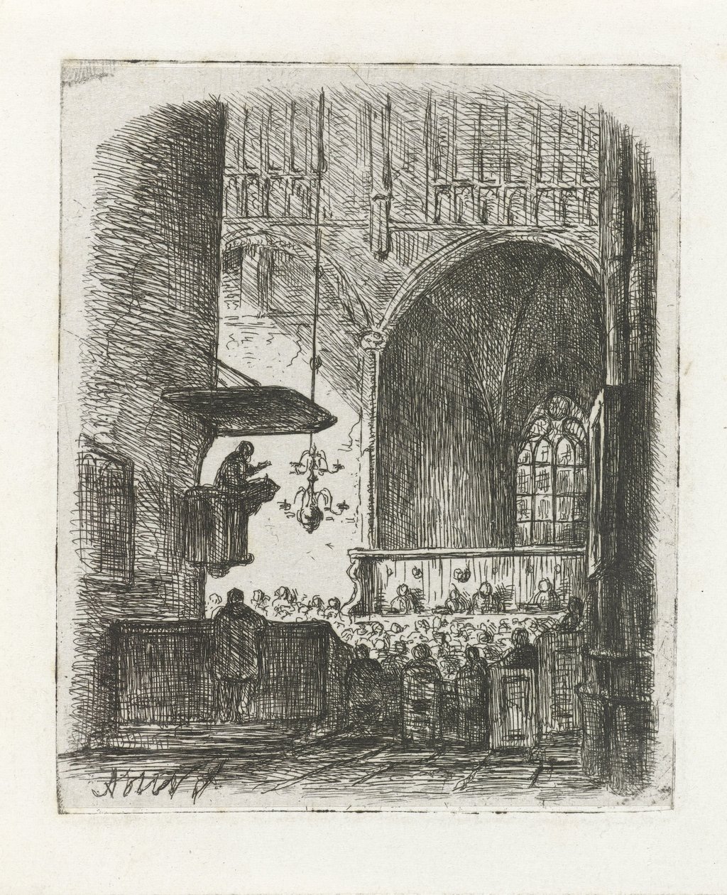 Interno di una chiesa con servizio religioso da Adrianus Wilhelmus Nieuwenhuyzen