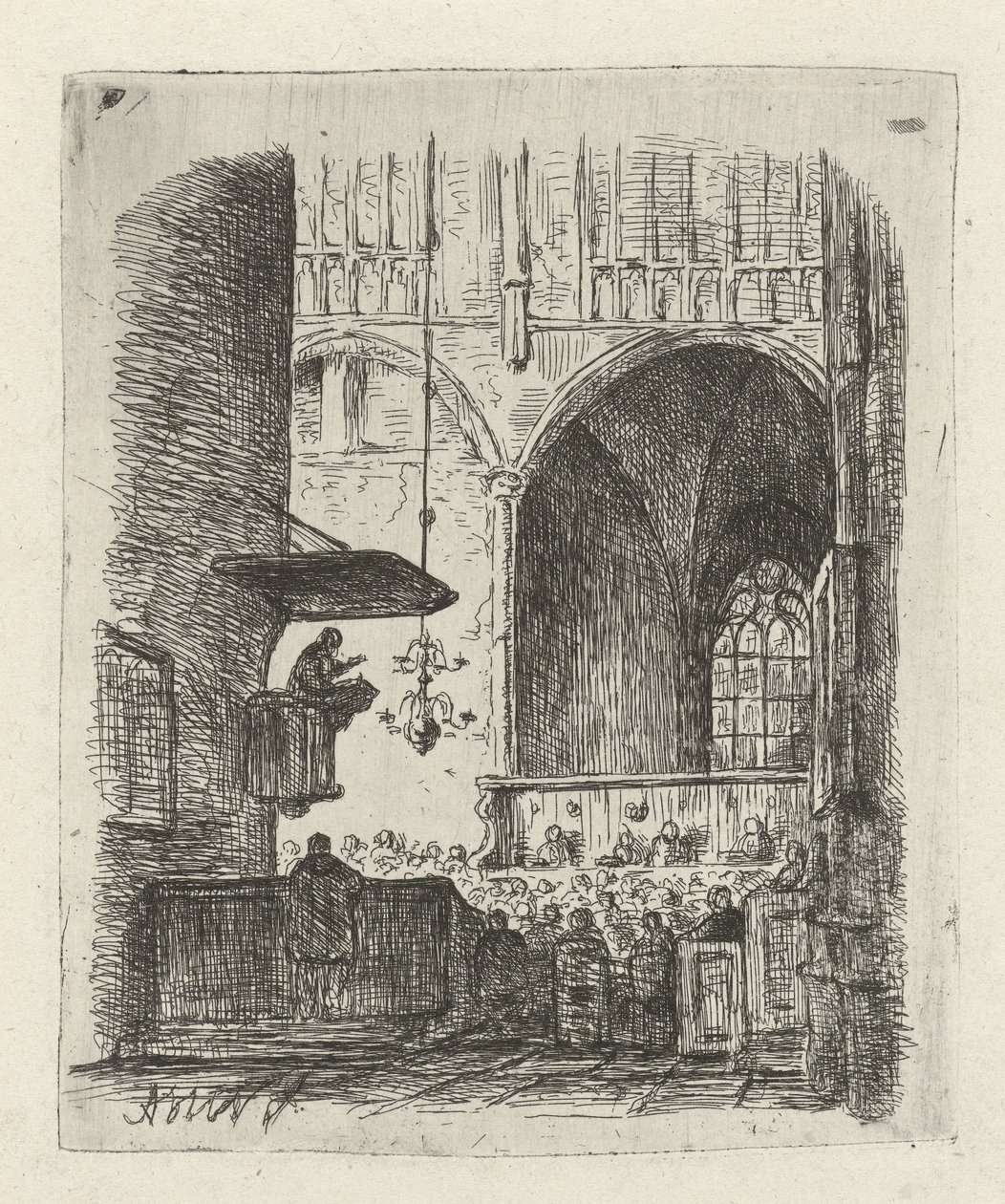 Interno di chiesa con servizio religioso da Adrianus Wilhelmus Nieuwenhuyzen
