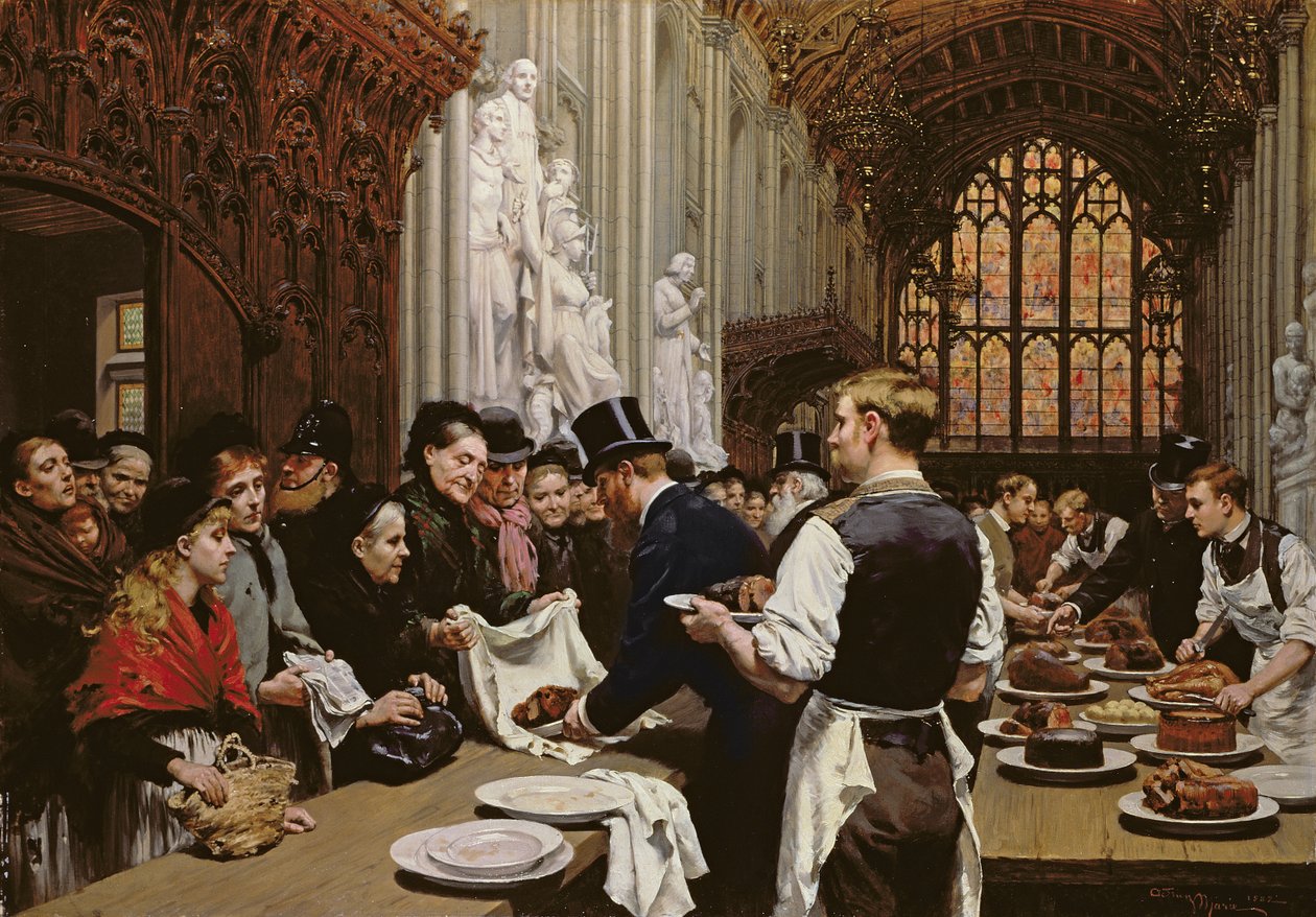 Distribuzione degli avanzi ai poveri dopo il banchetto del Lord Mayor alla Guildhall, 1882 da Adrien Emmanuel Marie