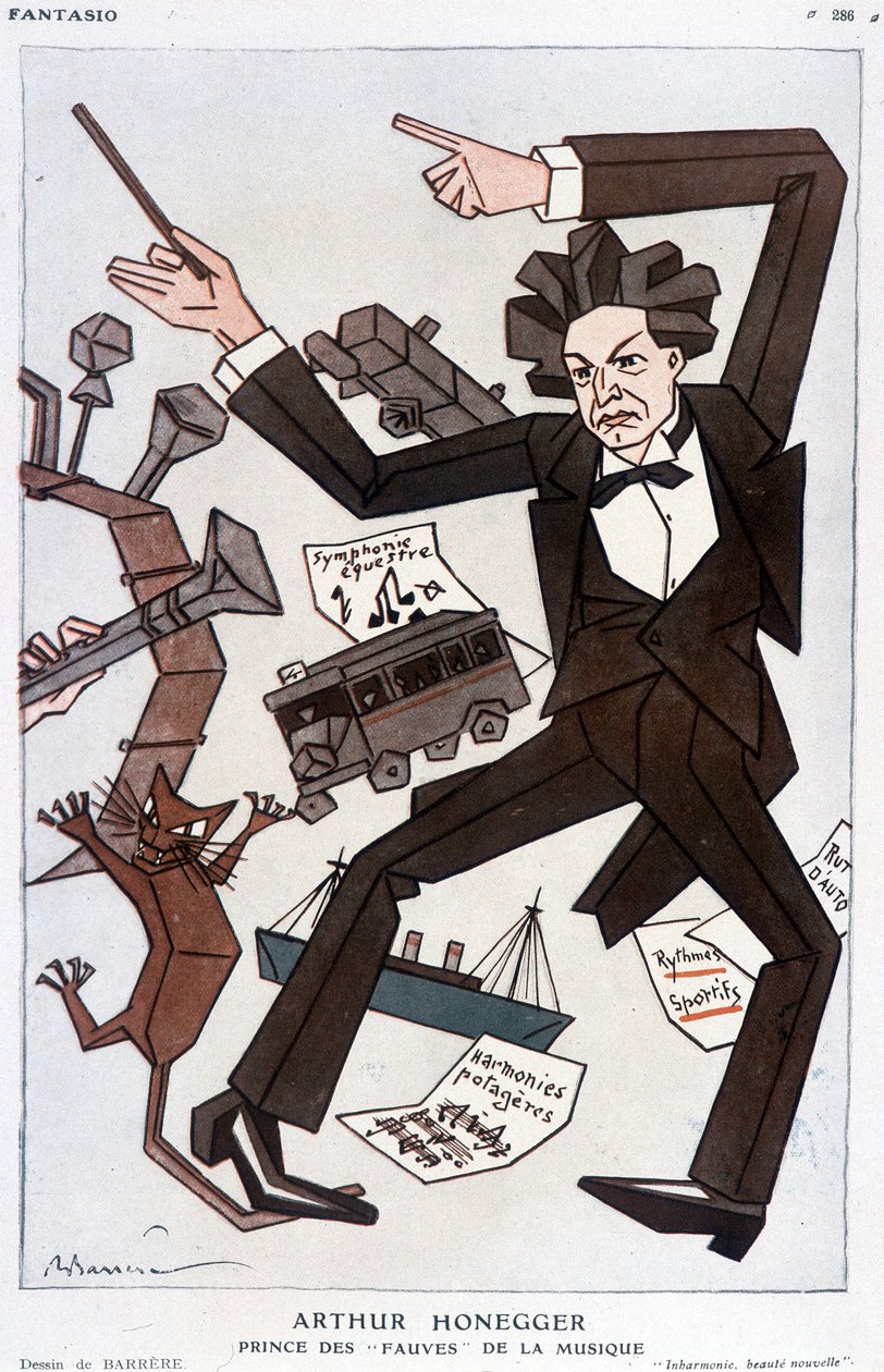 Cartone animato di Arthur Honegger "Principe dei Fauves della Musica", compositore svizzero (1892-1955) - di Barrère, in "Fantasio" del 01/01/1930 da Adrien Barrere