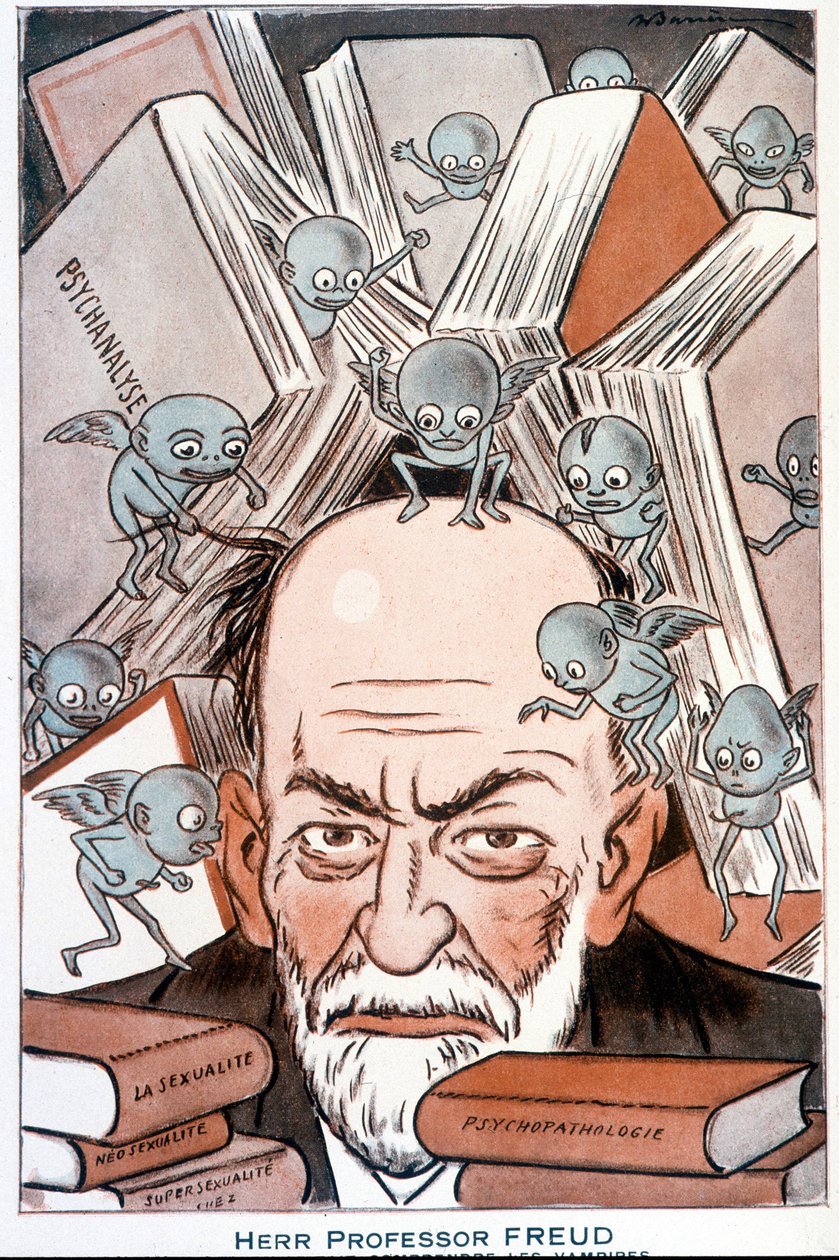 Cartone di Sigmund Freud "Le qui fait comprendre les vampires" - Illustrazione di Adrien Barrere (1877-1931) in "Fantasio" del 15/05/1931 da Adrien Barrere