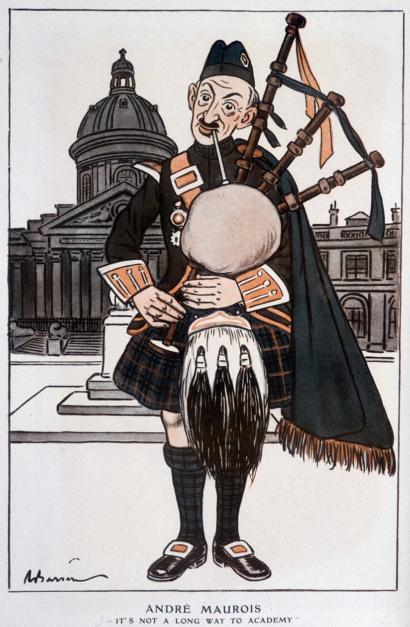 Caricatura in Accademico di André Maurois (pseudonimo di Emile Herzog), romanziere, saggista e storico francese (1885-1967) - di Barrère, in "Fantasio" del 15/04/1929 da Adrien Barrere