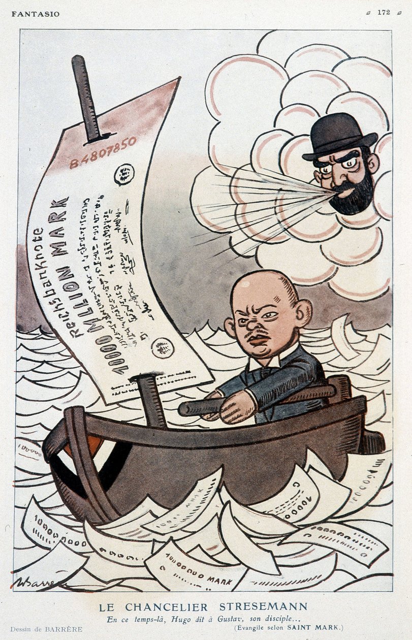Cartone animato sul Cancelliere tedesco Gustav Stresemann (1878-1929) e la svalutazione del Marco - Illustrazione di Adrien Barrère (1877-1931) in "Fantasio" del 01/11/1923 da Adrien Barrere