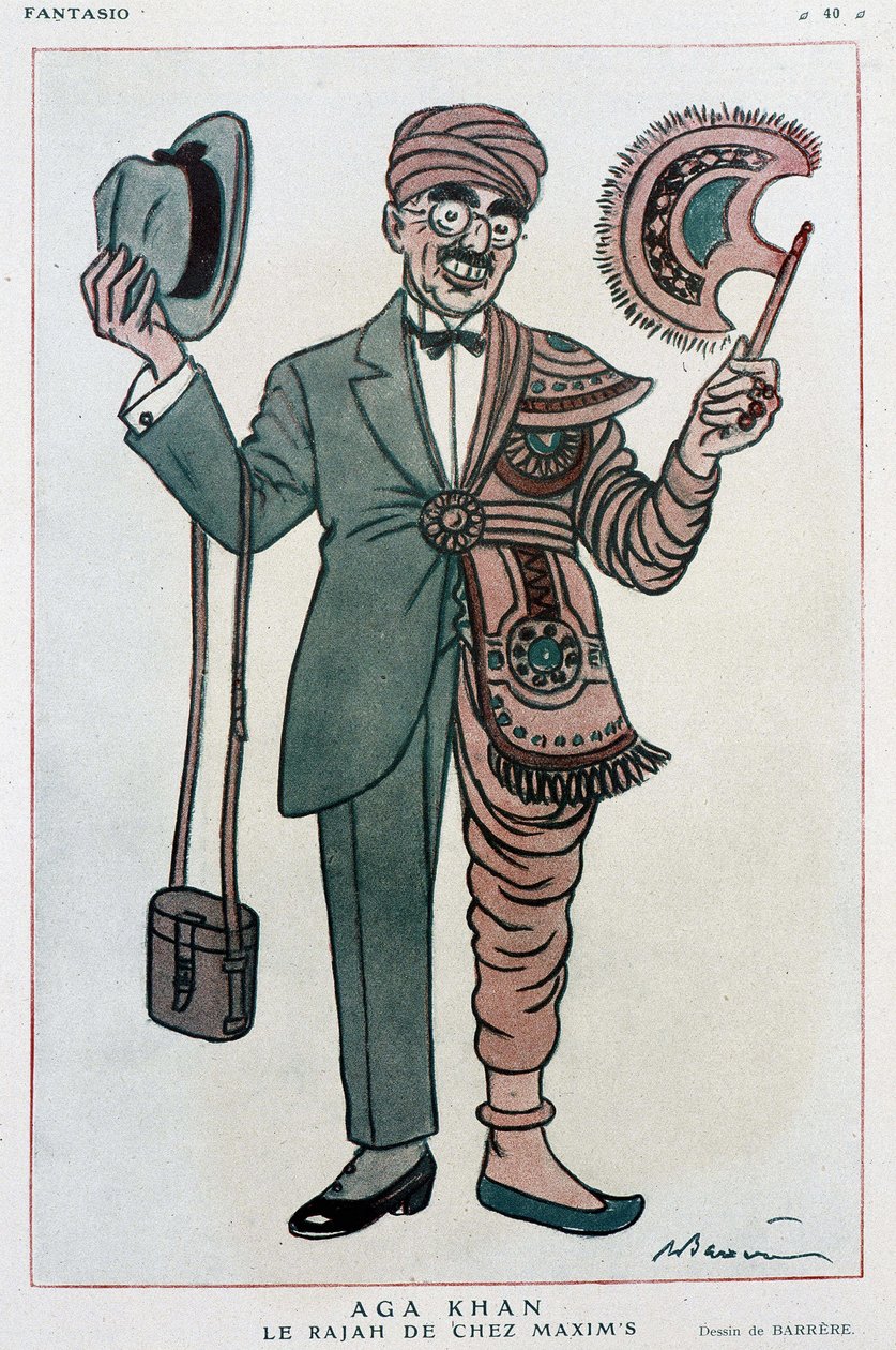 Disegno comico di Barrere su Muhammad Chah Agha Khan III da Adrien Barrere
