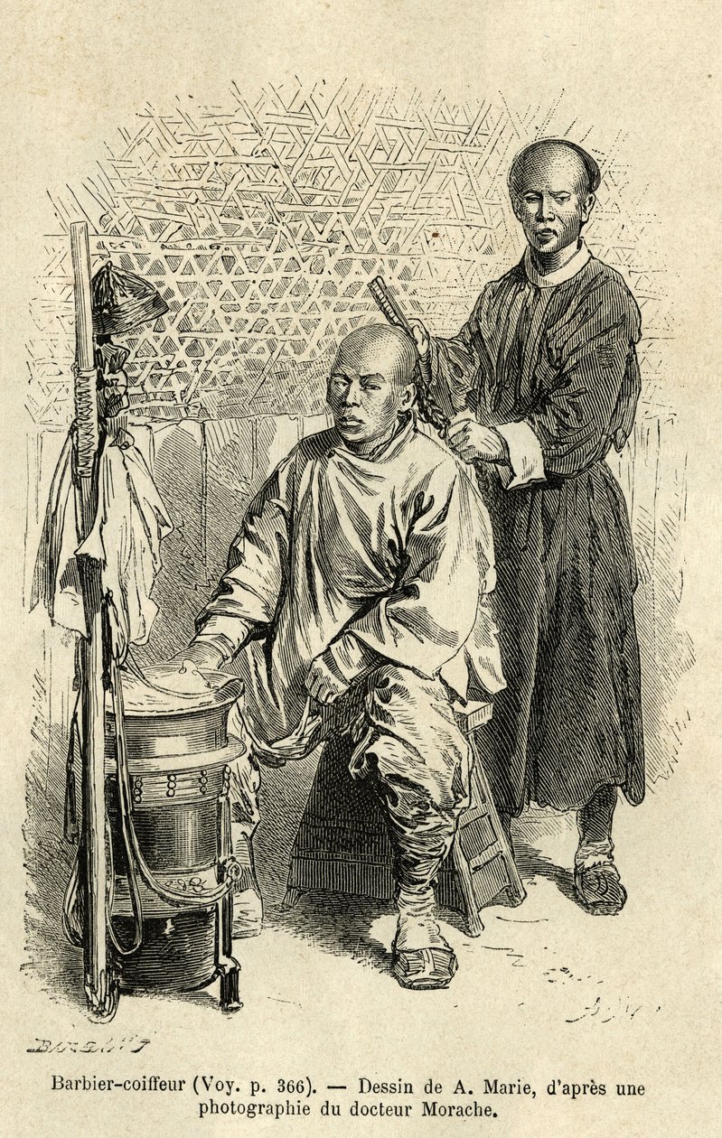 Un barbiere ambulante in piena attività, incisione per illustrare il viaggio a Pechino e nel Nord della Cina, 1873, di T. Choutze da Adrien Emmanuel Marie