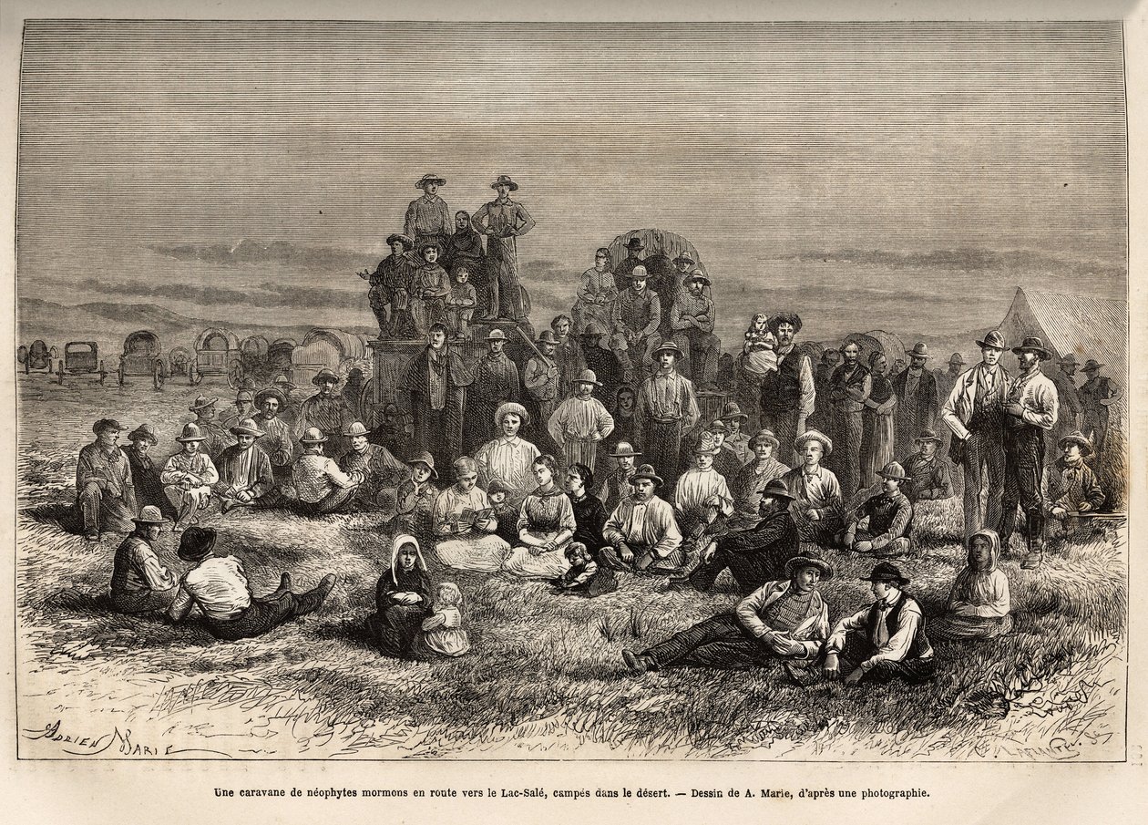 Una carovana di neofiti mormoni in viaggio verso il Lago Salato, nel suo campo nel deserto, incisione dal disegno di A. Marie, illustrante il viaggio da Washington a San Francisco nel 1868, di L. Simonin, pubblicato in "Le tour du monde" 1874, a cura di Ed da Adrien Emmanuel Marie