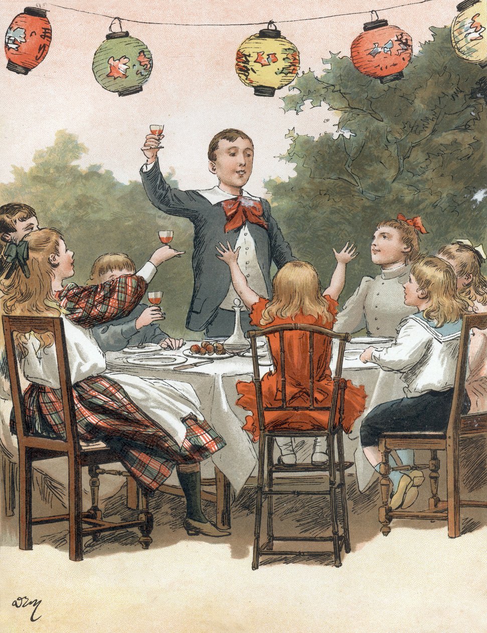 Un giovane ragazzo fa un discorso, bambini che brindano, illustrazione di Adrien Marie nel libro Tout a la joie di Zari, pubblicazione Emile Guerin 1890 da Adrien Emmanuel Marie