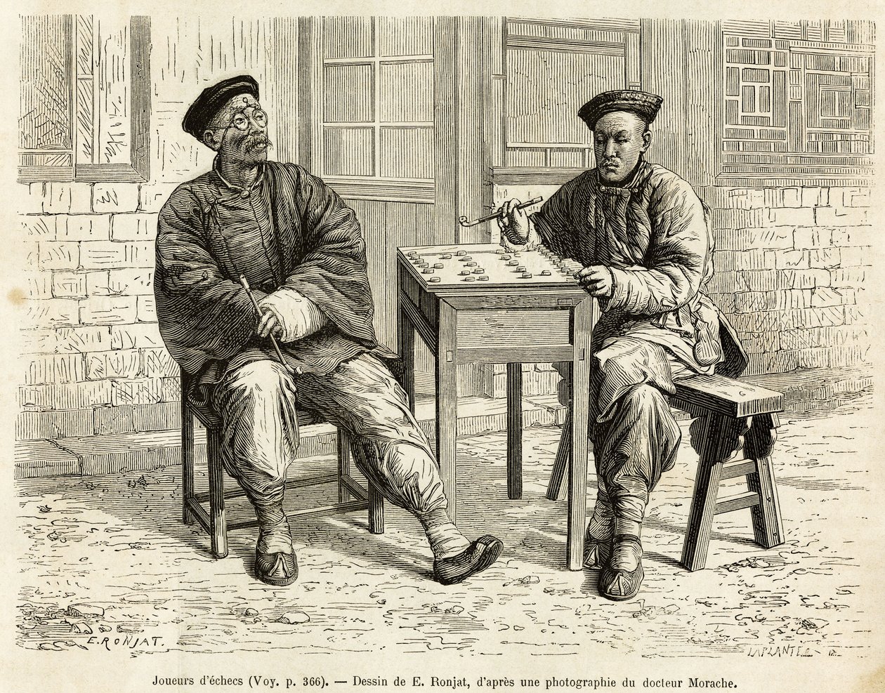 Giocatori di scacchi. Incisione dal disegno di A. Marie, per illustrare il viaggio a Pechino e nel Nord della Cina, di T. Choutze, nel 1873, pubblicato in "Le tour du monde" 1876, a cura di Edouard Charton, edizione Hachette, Parigi. Collezione Selva. da Adrien Emmanuel Marie