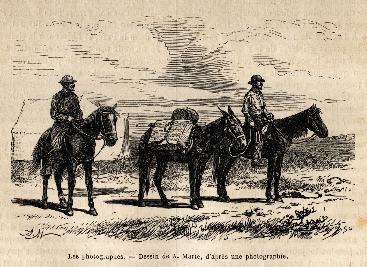 Fotografi della missione geologica americana, a cavallo, materiale accuratamente imballato pronto per una nuova tappa, incisione dal disegno di A. Marie, illustrando una serie di missioni geografiche attraverso il Parco Nazionale degli Stati Uniti, dal 187 da Adrien Emmanuel Marie