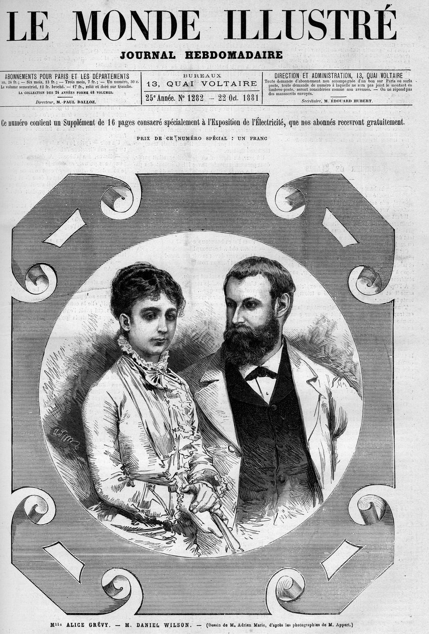 Ritratto di Daniel Wilson, politico francese con sua moglie, Alice Grevy. Incisione di Adrien Marie. Uno di 