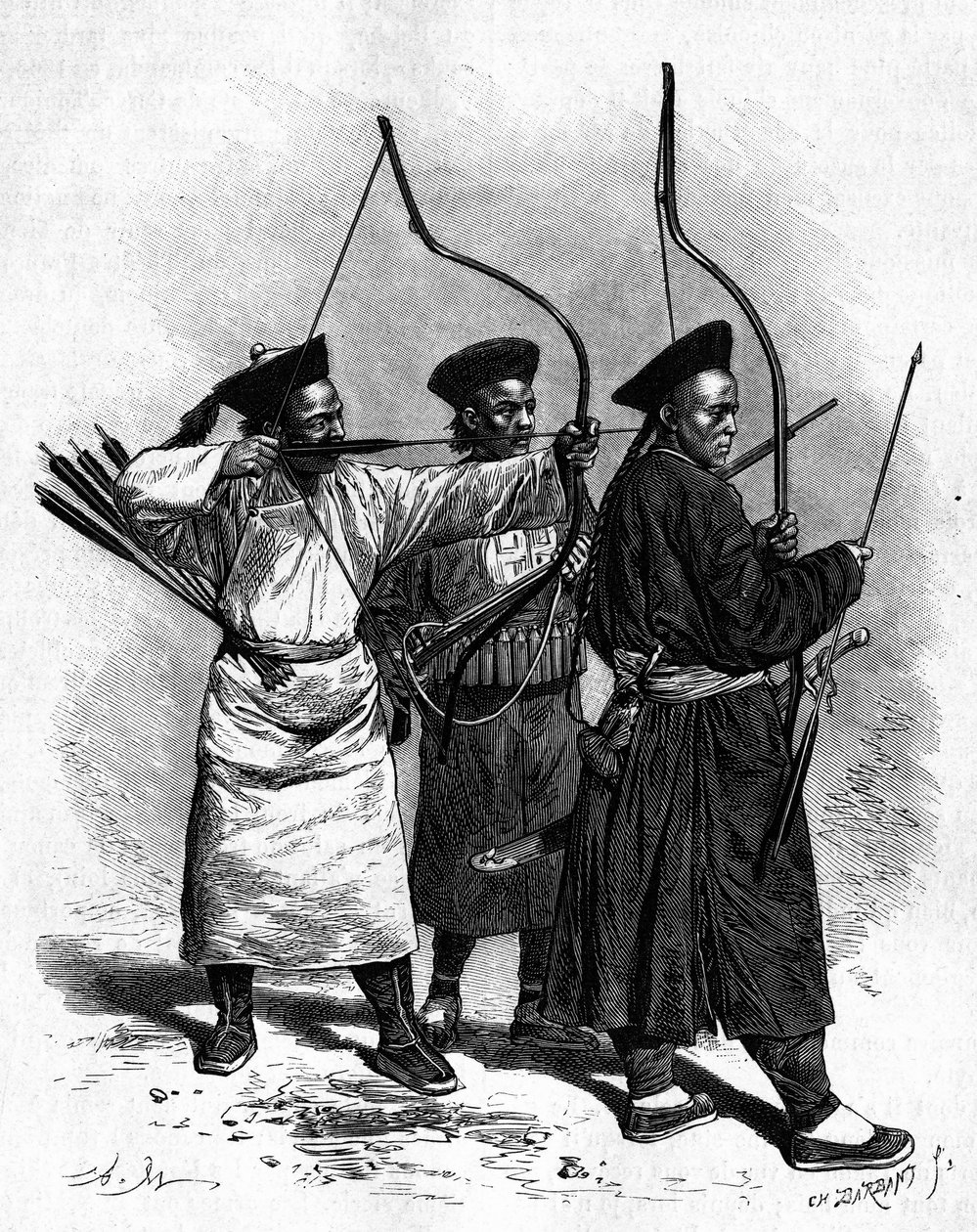 Ritratti di tre arcieri cinesi in costume tradizionale, negli anni 1870. Incisione da un disegno di Marie, da una fotografia di Thomson, in "Le Tour du Monde, Nouveau journal des Voyages", edito da Edouard Charton, Parigi da Adrien Emmanuel Marie
