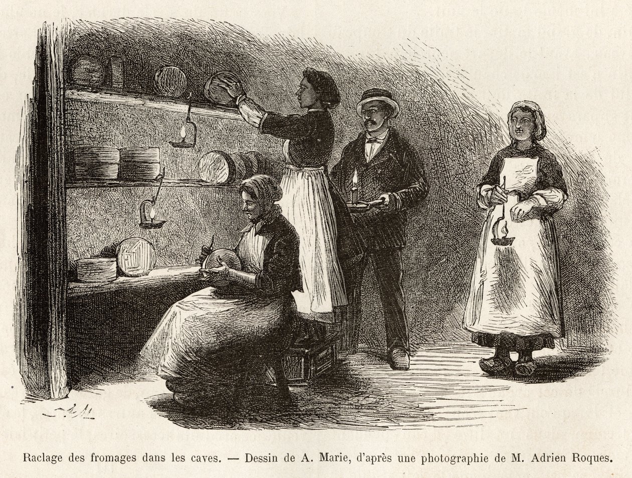 La raschiatura e la cucitura dei formaggi, incisione da un disegno di A.Marie, illustrando un viaggio a Roquefort e dintorni da Adrien Emmanuel Marie