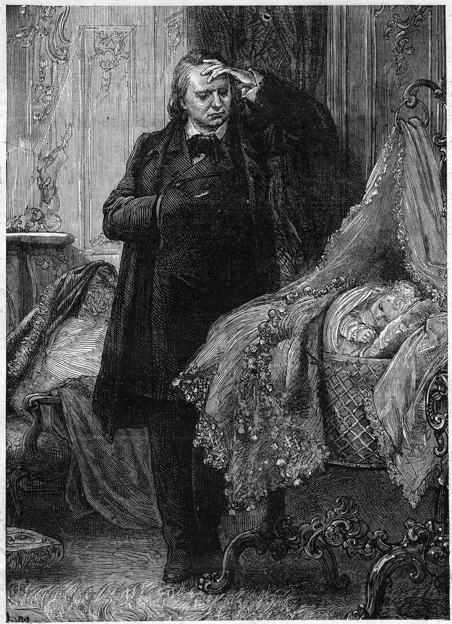 Victor Hugo osserva un bambino che dorme nella sua culla. Illustrazione di 