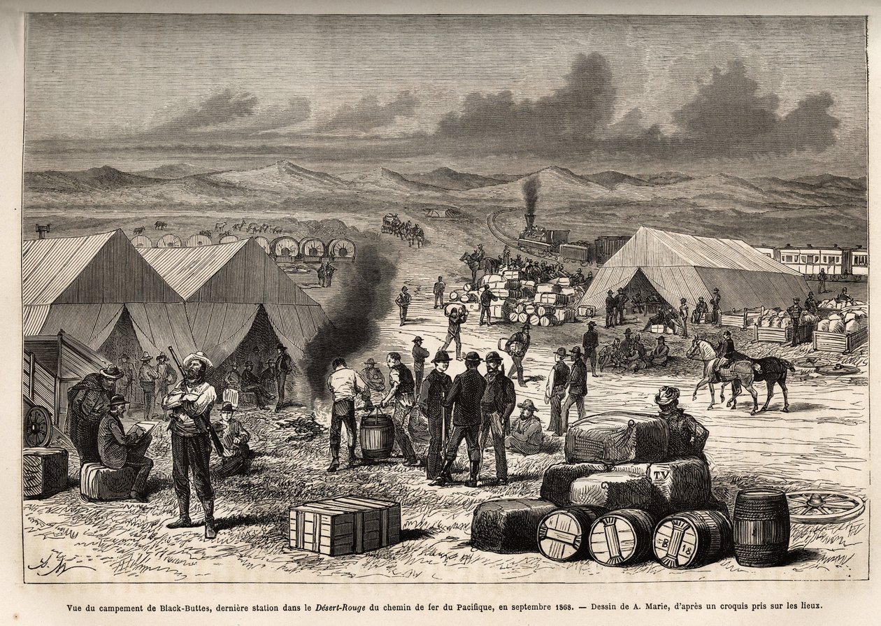 Veduta del campo di Black Buttes, ultima stazione nel deserto rosso (deserto del Mojave) della Pacific Railway, nel settembre 1868, incisione dal disegno di A. Marie, che illustra il viaggio da Washington a San Francisco, nel 1868, di L. Simonin, pubblicat da Adrien Emmanuel Marie