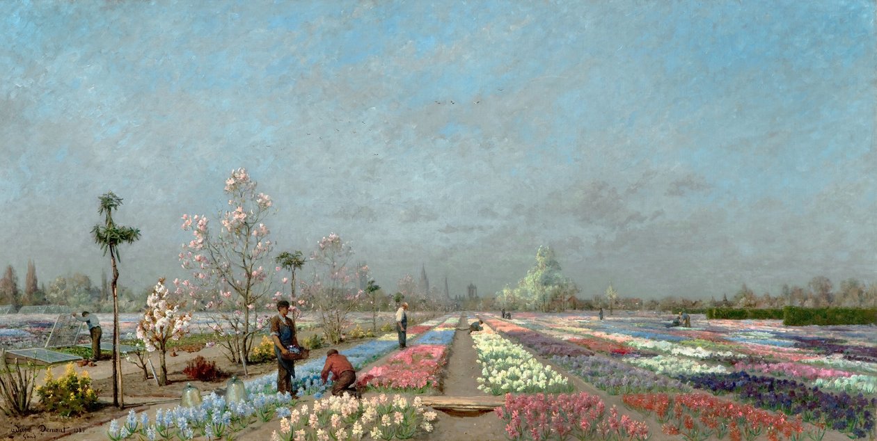 I campi di giacinti in fiore al vivaio Van Houtte, Gand con vista della Chiesa di San Nicola, il Belfry e la Cattedrale di San Bavone, 1883 da Adrien Louis Demont