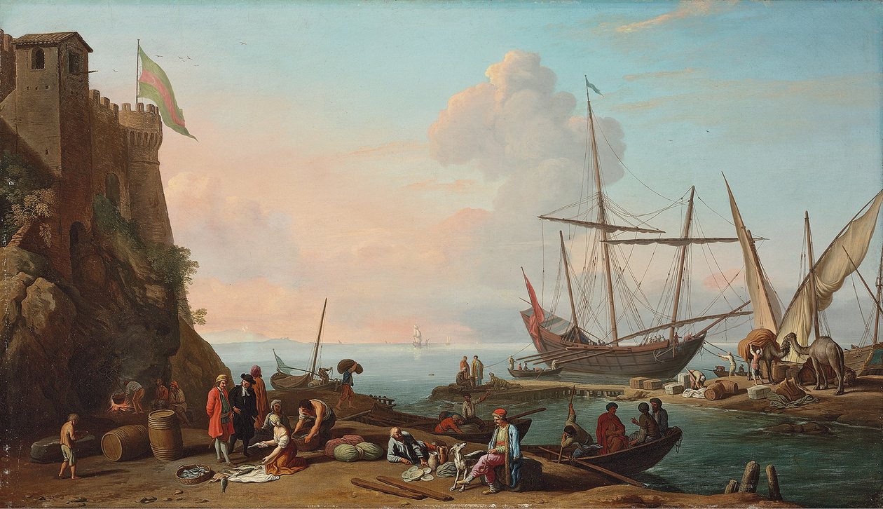 Un porto mediterraneo con scaricatori che scaricano le loro navi, figure che vendono pesce in primo piano vicino a una fortezza da Adrien Manglard