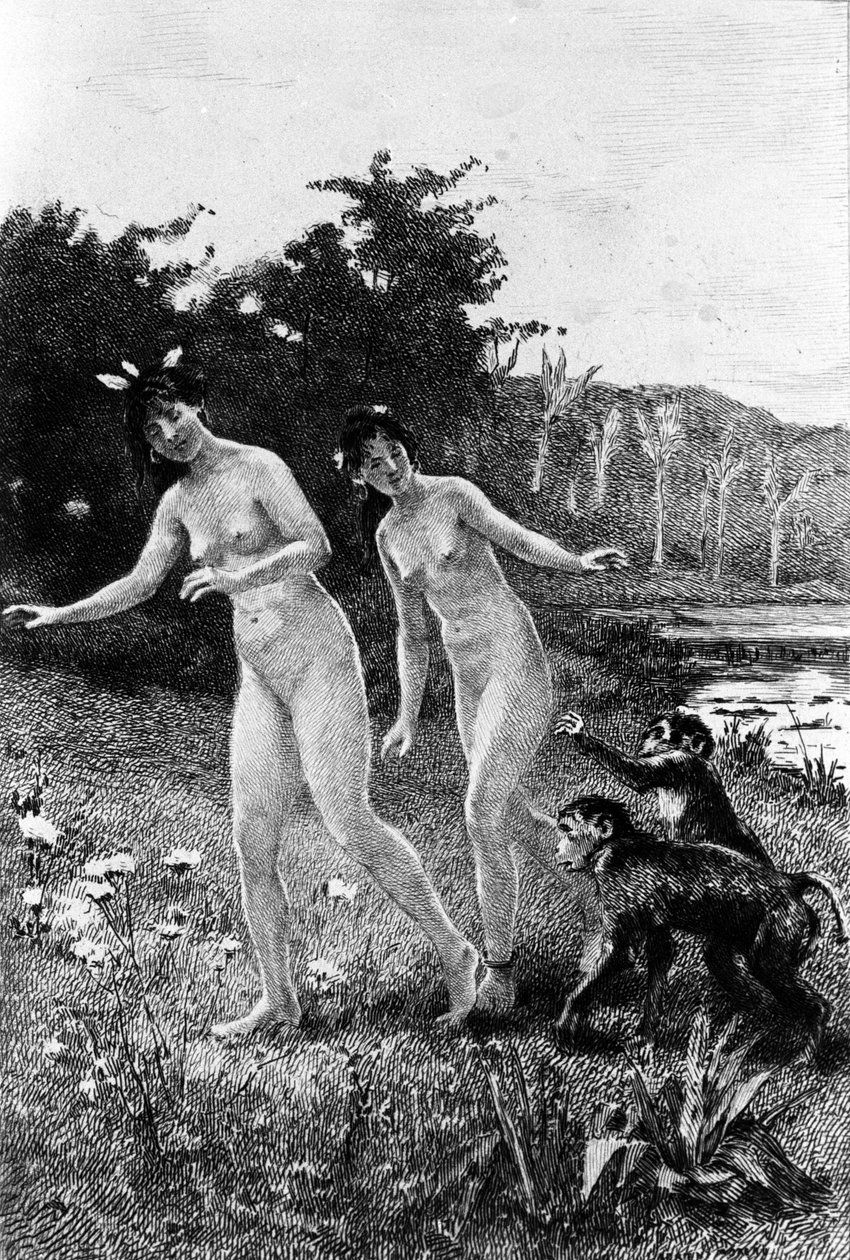 Incisione di Adrien Moreau (1843-1906) che illustra "Candido" di Francois Marie Arouet detto Voltaire (1694-1778). da Adrien Moreau