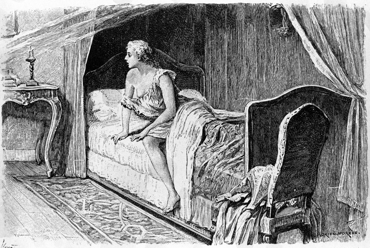 Incisione di Adrien Moreau (1843-1906) che illustra "Candido" di Francois Marie Arouet detto Voltaire (1694-1778). da Adrien Moreau
