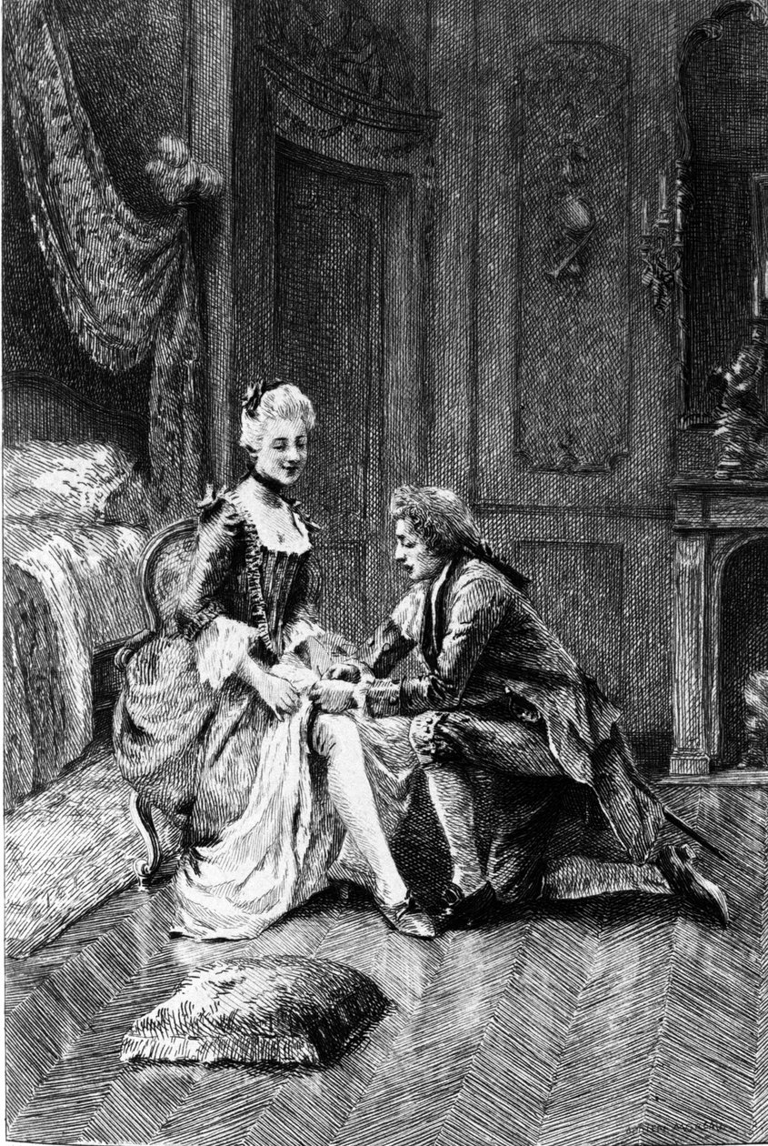 Incisione di Adrien Moreau (1843-1906) che illustra "Candido" di Francois Marie Arouet detto Voltaire (1694-1778). da Adrien Moreau