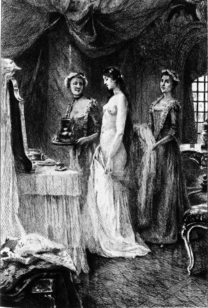 Incisione di Adrien Moreau (1843-1906) che illustra "Candido" di Francois Marie Arouet detto Voltaire (1694-1778) da Adrien Moreau