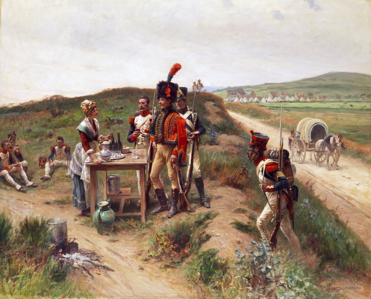 Soldati presso una giovane venditrice al mercato durante una sosta da Adrien Moreau