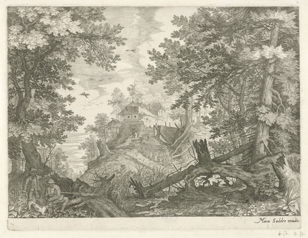Paesaggio boschivo con due cacciatori e un cane da Egidius  Sadeler (II)