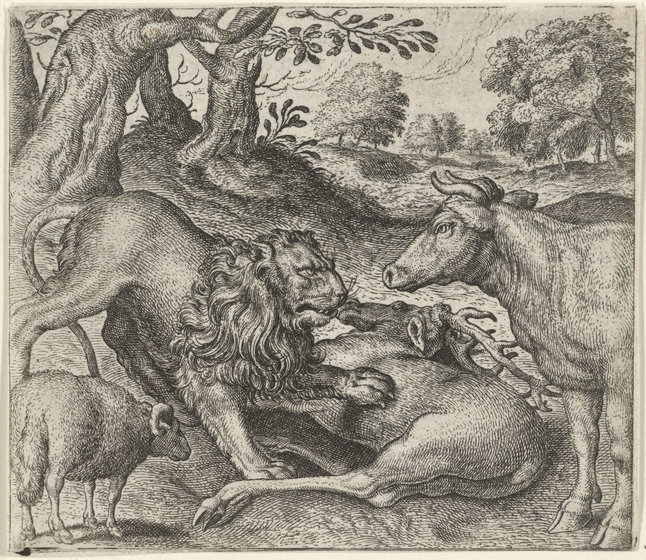 Favola del leone, della mucca e della pecora a caccia da Egidius  Sadeler (II)