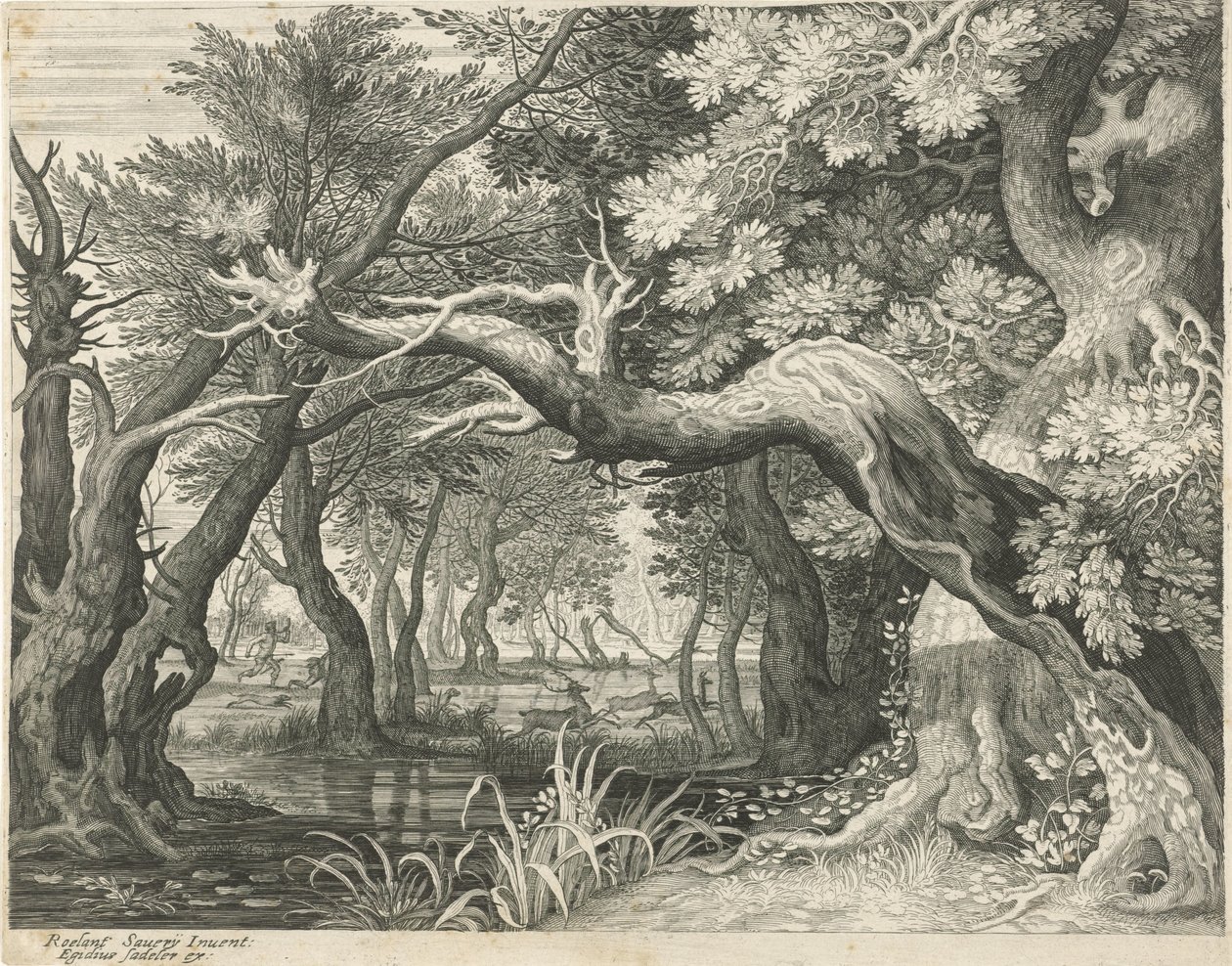 Caccia al cervo presso un lago nella foresta (Sei paesaggi) da Egidius  Sadeler (II)