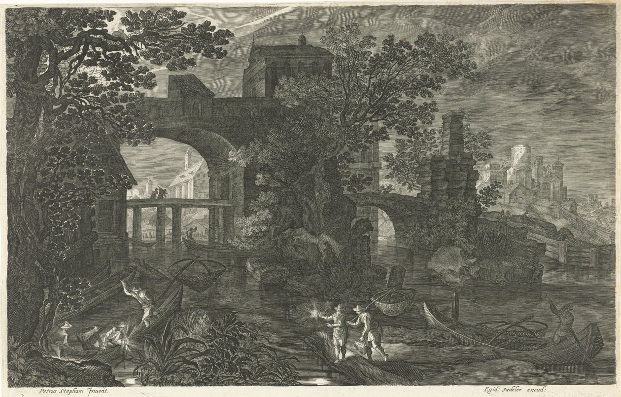 Scena notturna con pescatori su un fiume da Egidius  Sadeler (II)