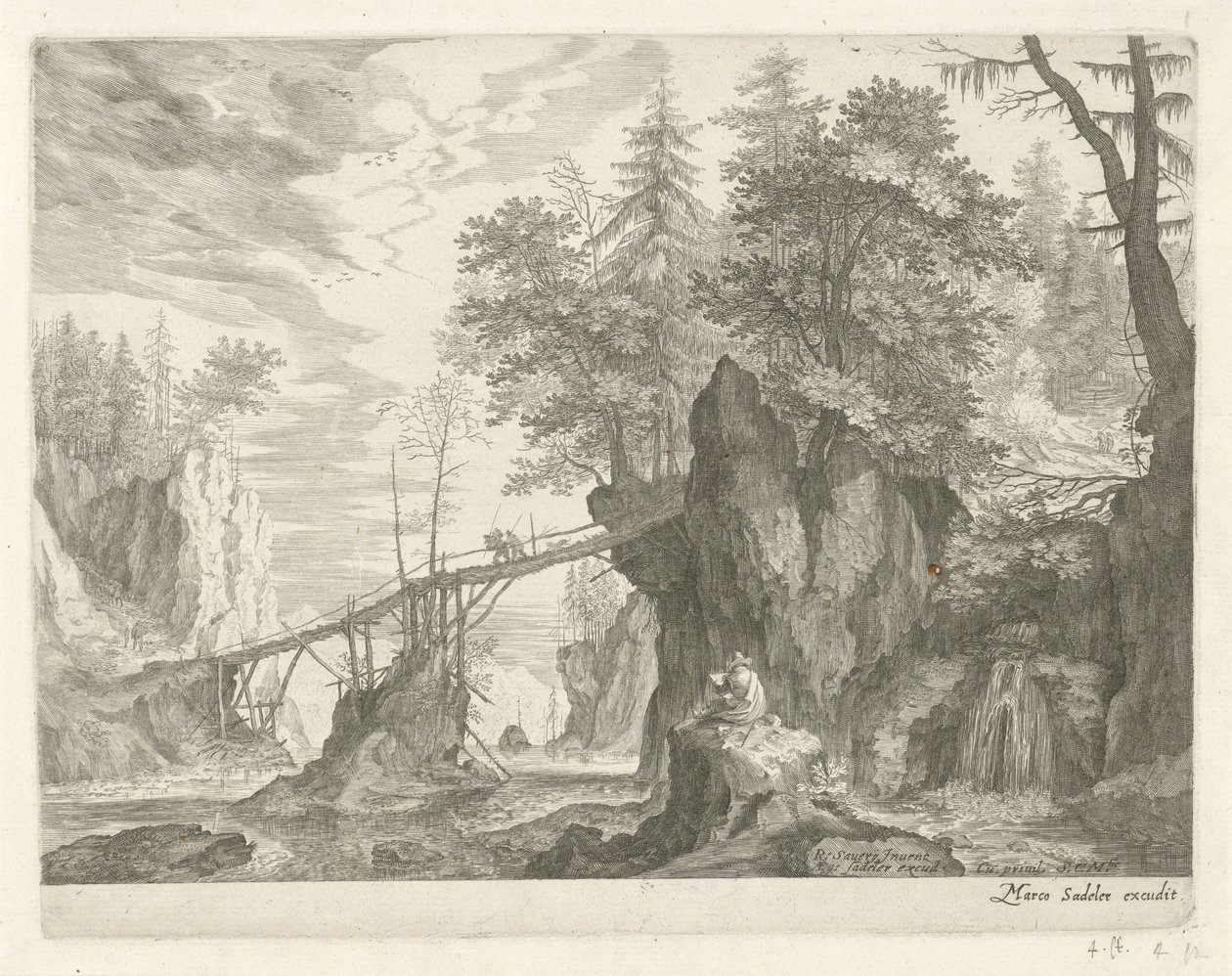 Disegnatore seduto su una pietra davanti a un ponte da Egidius  Sadeler (II)