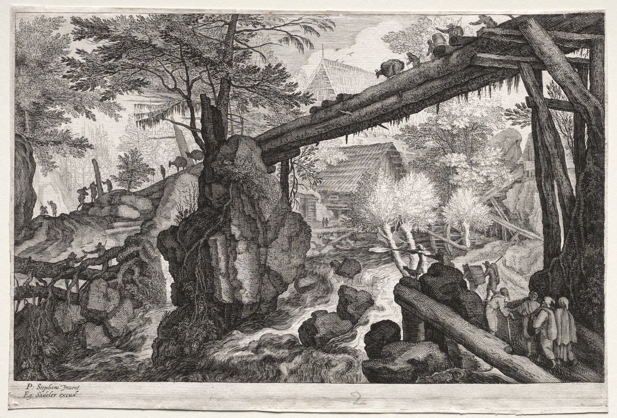 Otto Paesaggi Boemi: Paesaggio con Ponte di Tronchi su Cataratta da Aegidius Sadeler