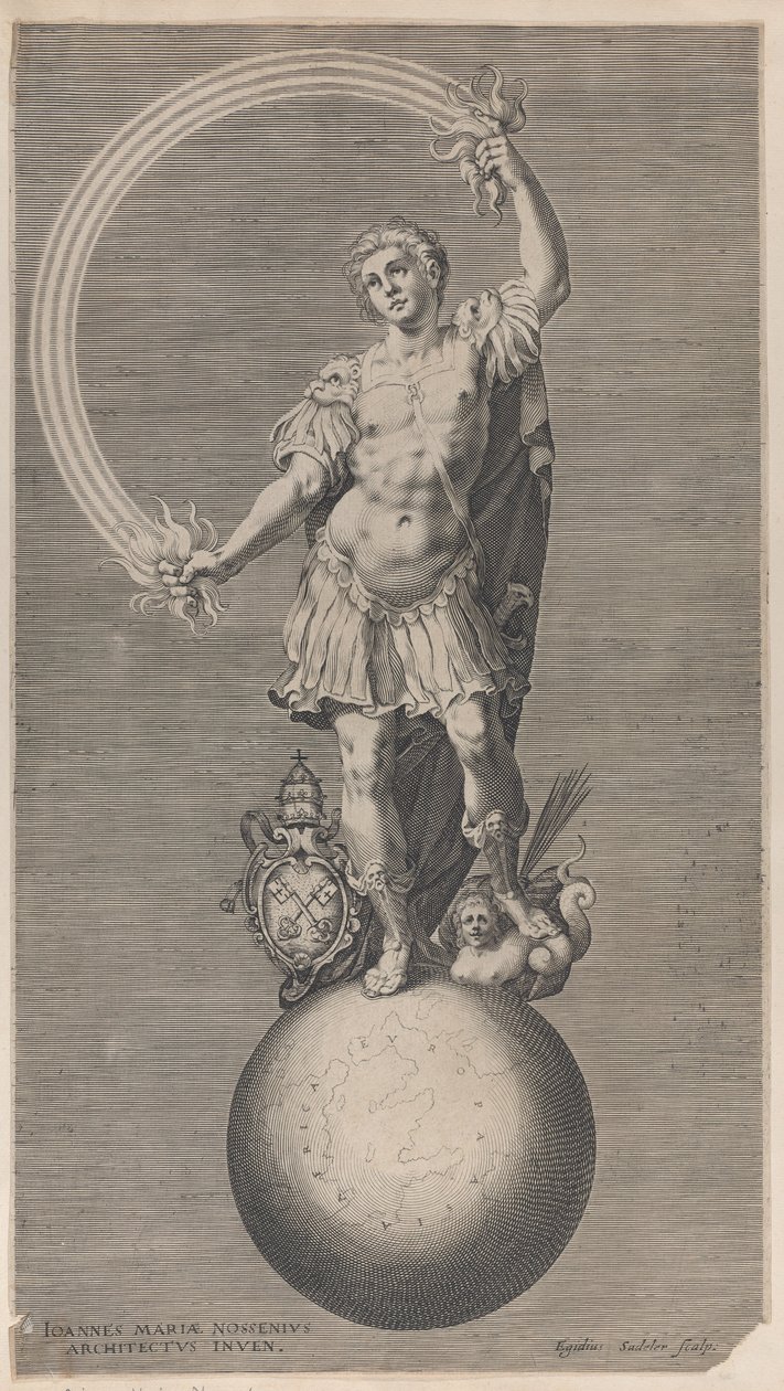 Figura allegorica di un guerriero in piedi su un globo con lo stemma papale, ca. 1588-1629 da Aegidius Sadeler II