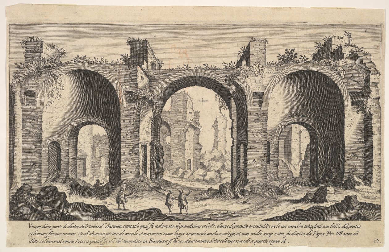 Piatto 19: veduta delle Terme di Caracalla, indicando con la lettera A i luoghi da Aegidius Sadeler II