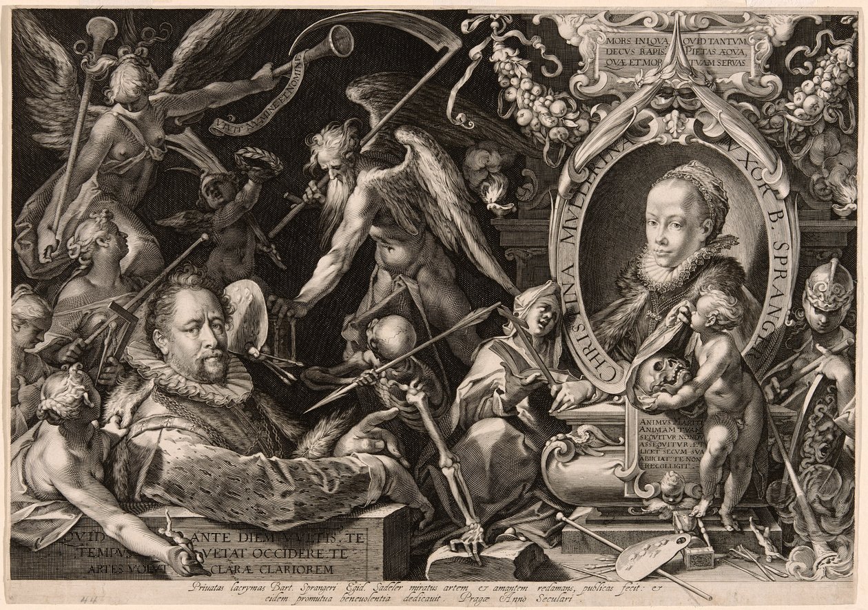 Ritratto di Bartolomaeus Spranger con allegoria della morte della moglie, Christina Müller da Aegidius Sadeler II