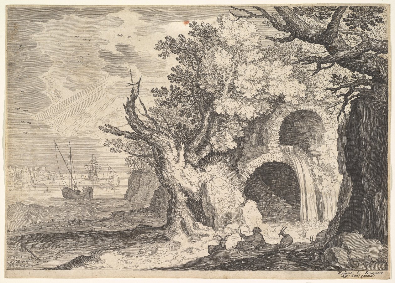 Acquedotto in rovina con acqua che scorre in un ruscello sottostante, navi in mare oltre da Aegidius Sadeler II