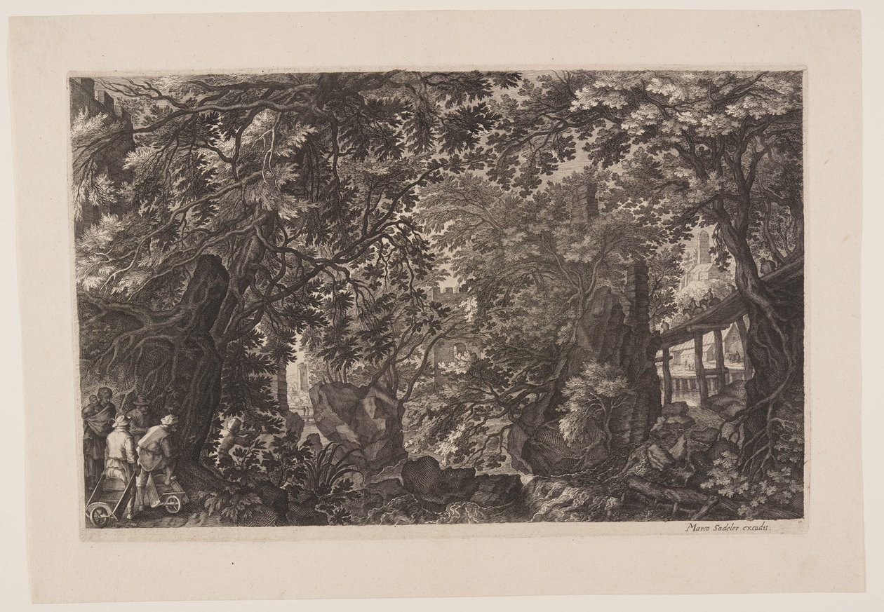 Scena 8: Una foresta con un ponte di legno, da Otto scene di Boemia da Aegidius Sadeler II