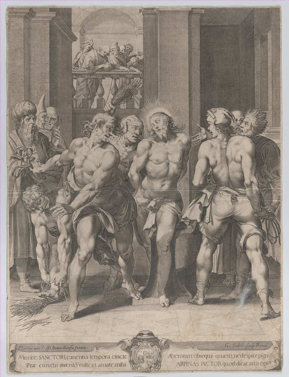La flagellazione di Cristo, con flagellatori su entrambi i lati e figure che osservano da un balcone, 1593 da Aegidius Sadeler II