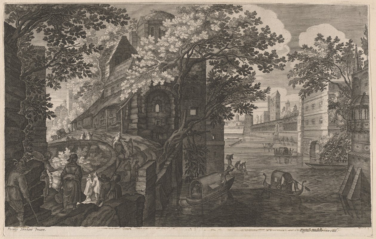 Gondole su un fiume vicino a un palazzo da Aegidius Sadeler II after Pieter Stevens