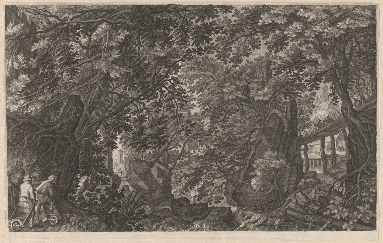 Cacciatori in una foresta vicino a un ponte di legno da Aegidius Sadeler II after Pieter Stevens