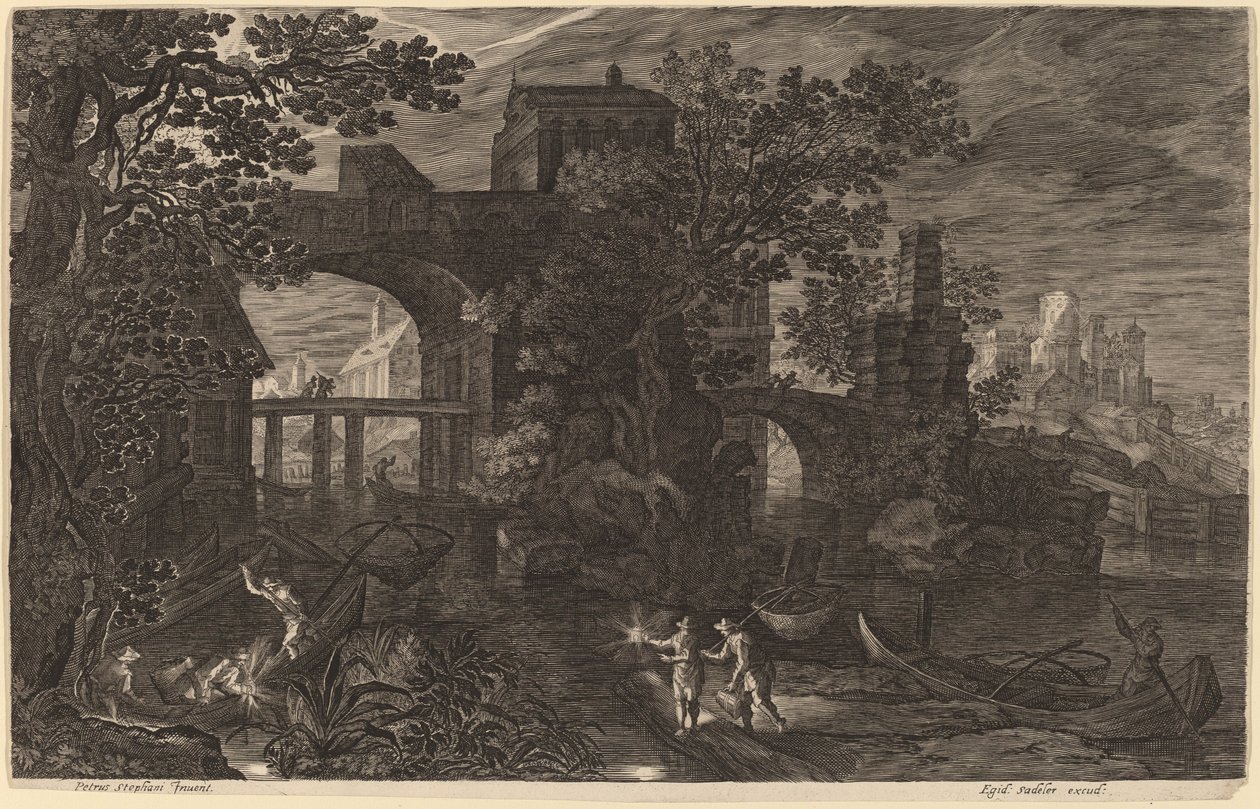 Paesaggio Notturno con Pescatori sul Fiume fuori dalle Mura della Città da Aegidius Sadeler II after Pieter Stevens