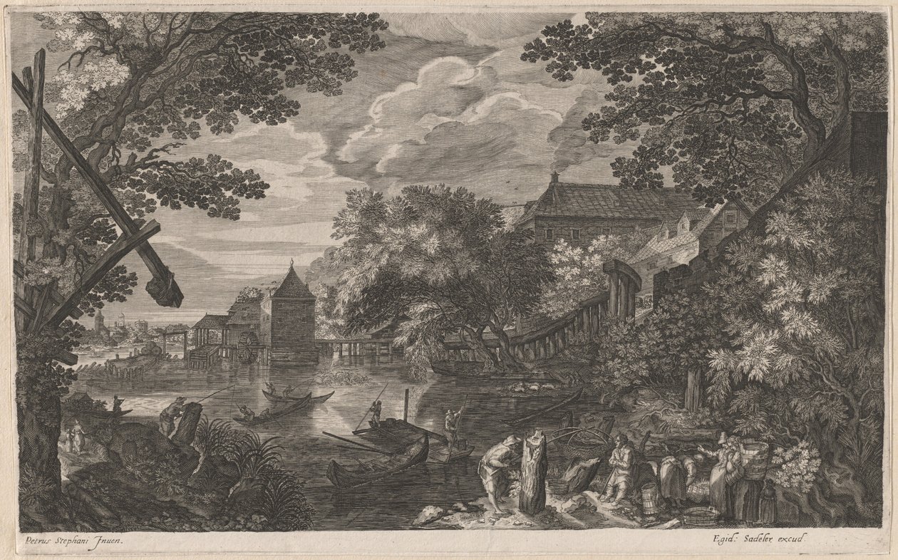 Paesaggio fluviale con pescatori vicino a una città fortificata da Aegidius Sadeler II after Pieter Stevens