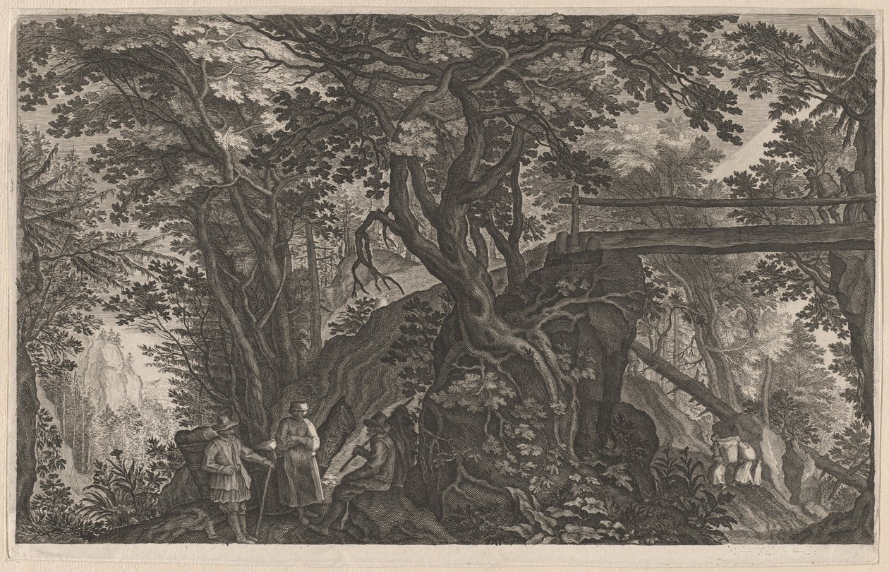 Viaggiatori che Riposano in una Foresta di Montagna vicino a un Ponte di Tronchi da Aegidius Sadeler II after Pieter Stevens