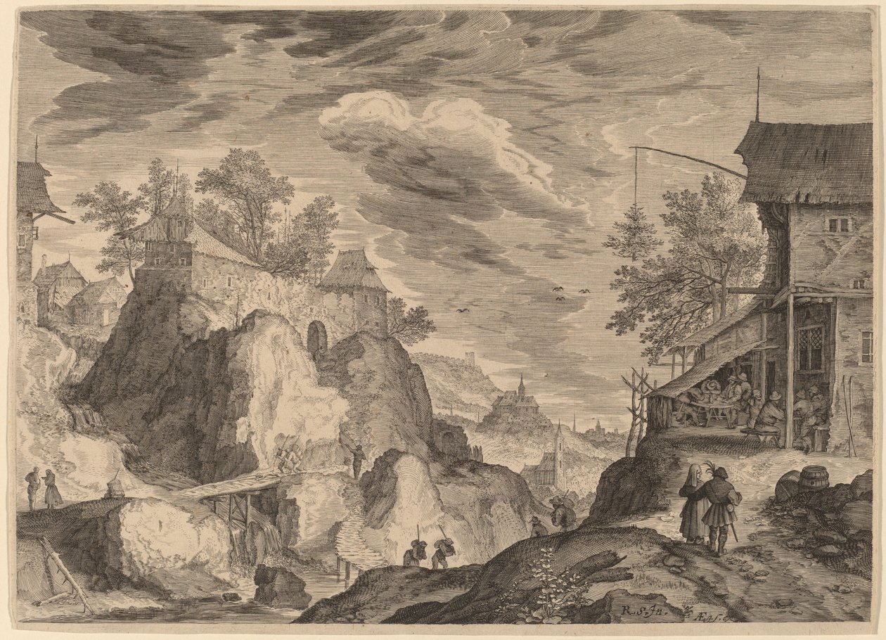 Paesaggio con una locanda a destra e una casa su rocce a sinistra da Aegidius Sadeler II after Roelandt Savery
