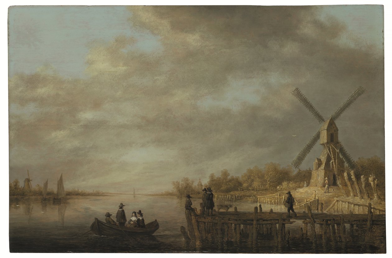 Paesaggio fluviale con un mulino a vento e gentiluomini in una barca a remi e su un molo in primo piano da Aelbert Cuyp