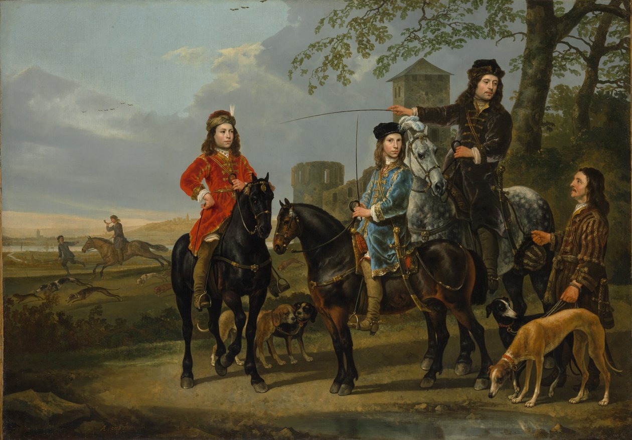 Ritratto a cavallo di Cornelis (1639–1680) e Michiel Pompe van Meerdervoort (1638–1653) con il loro precettore e il loro cocchiere da Aelbert Cuyp