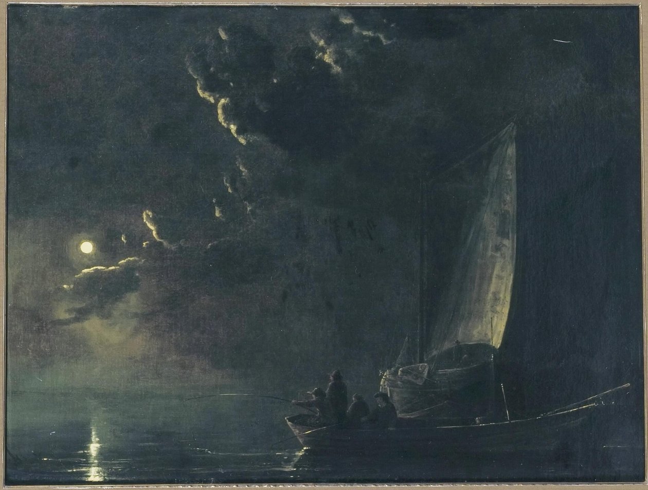 Tedesco: Paesaggio lunare, in primo piano un peschereccio con pescatori Pescatori al chiaro di luna da Aelbert Cuyp