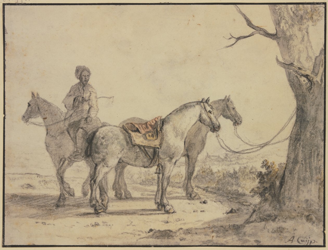 Due cavalli sellati legati a un albero, con un cavaliere accanto da Aelbert Cuyp