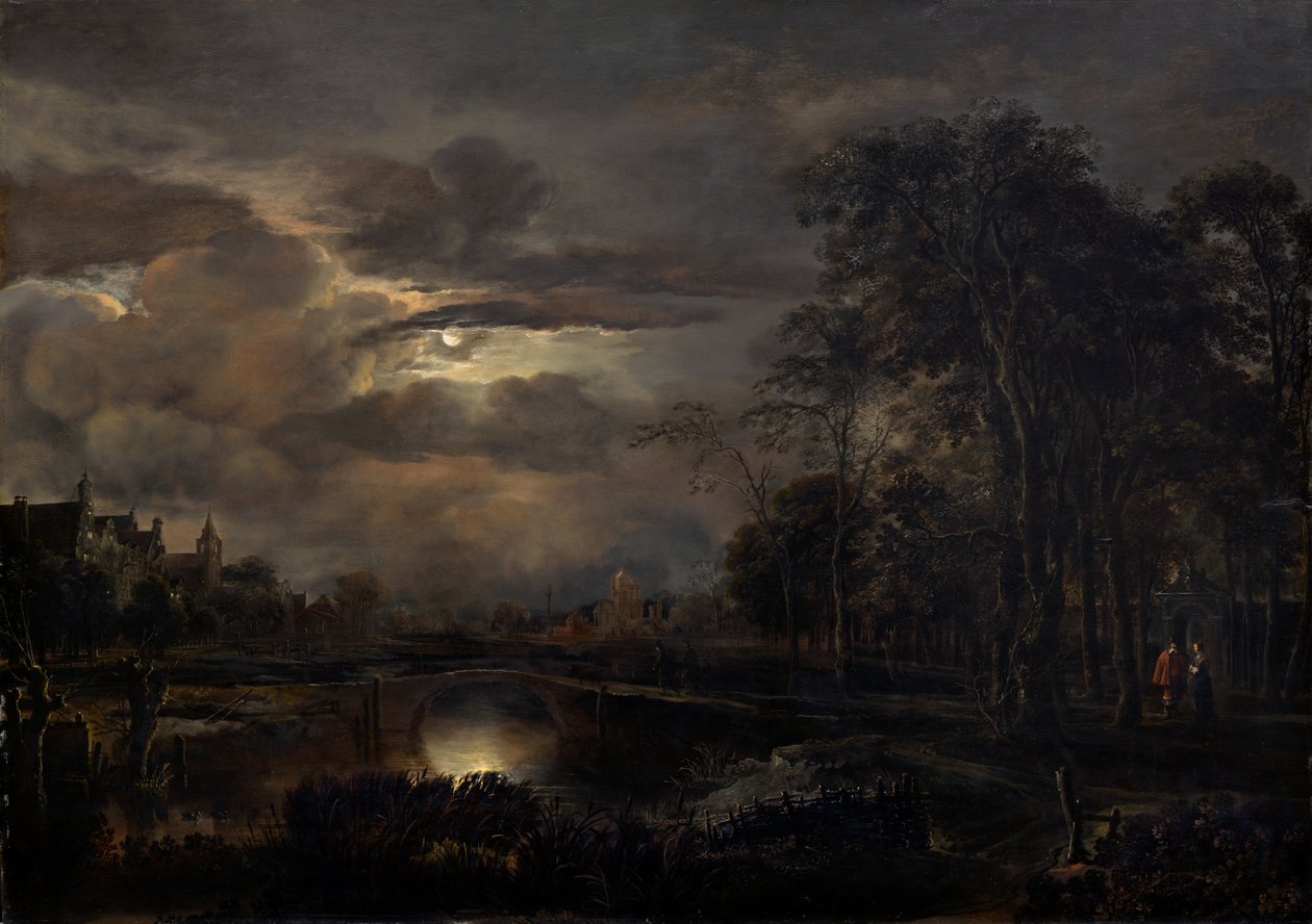 Paesaggio al chiaro di luna con ponte da Aert van der Neer