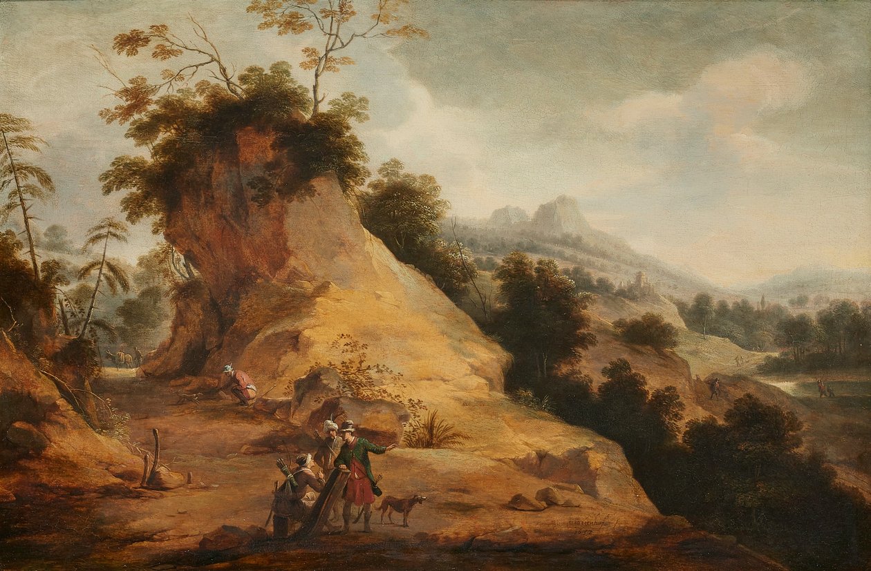 Paesaggio roccioso con cacciatori in costume orientale che conversano su un sentiero roccioso da Aert Jansz Marienhof