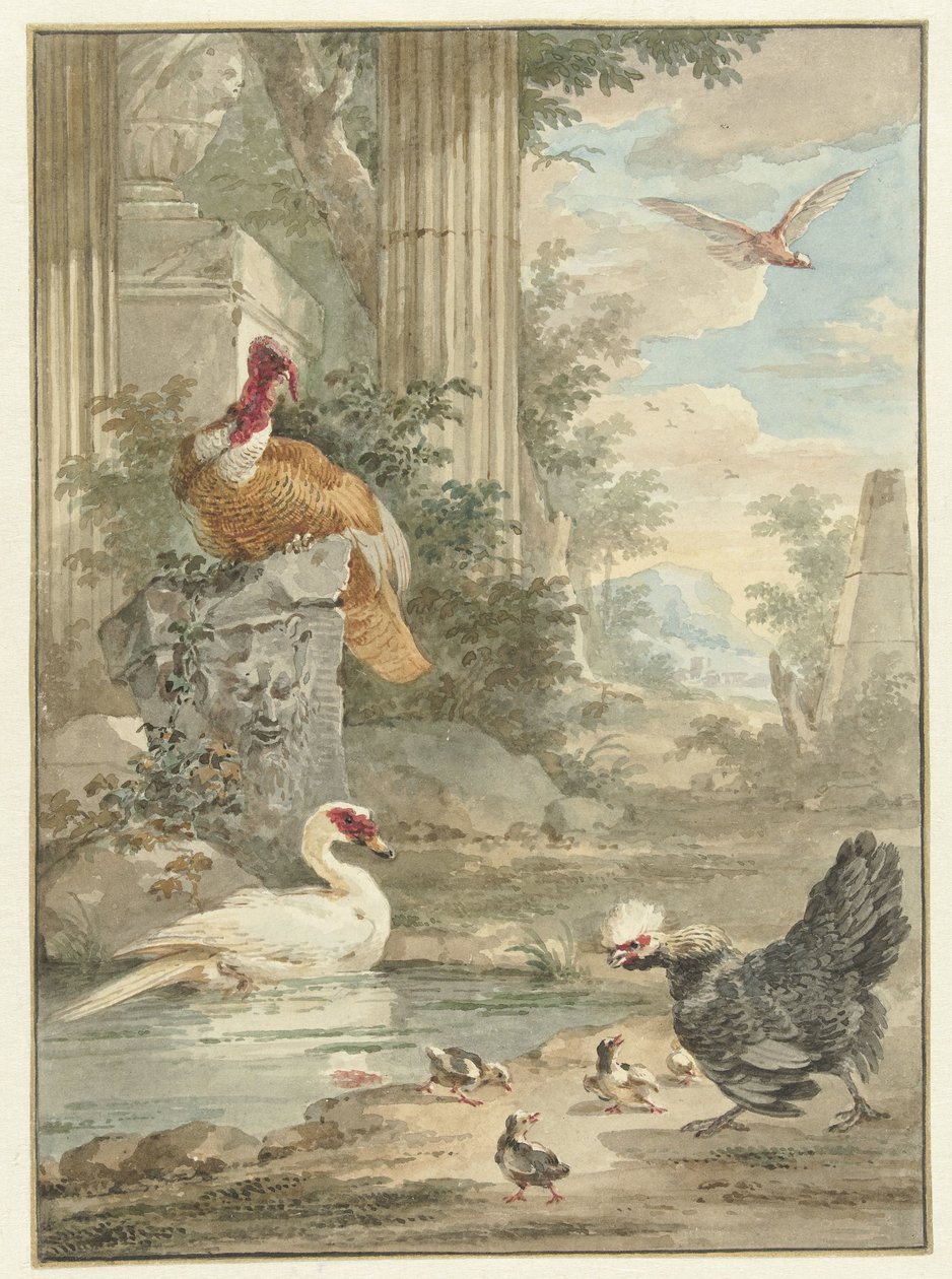 Tacchino e altri uccelli vicino a rovine classiche in un parco da Aert Schouman